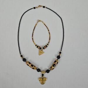 VTG Disney Mickey Charm Leopard Print Safari Beaded Necklace & Bracelet Set
